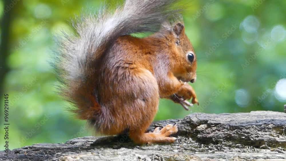 Closeup side view of an Eurasian red squirrel standing on a tree branch eating nuts, in daytime Closeup side view of an Eurasian red squirrel standing on a tree branch eating nuts, in daytime