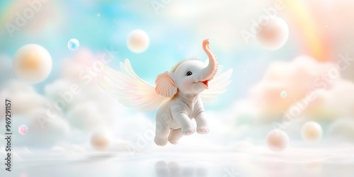 A tiny, winged elephant with fairylike wings, gracefully flying through a sky filled with colorful clouds and rainbows The elephant is playfully interacting with floating orbs of light, creating a mag
