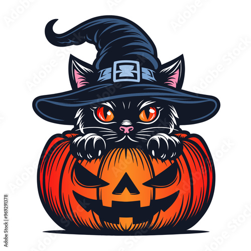 witch cat in a Halloween lantern jack pumpkin illustration