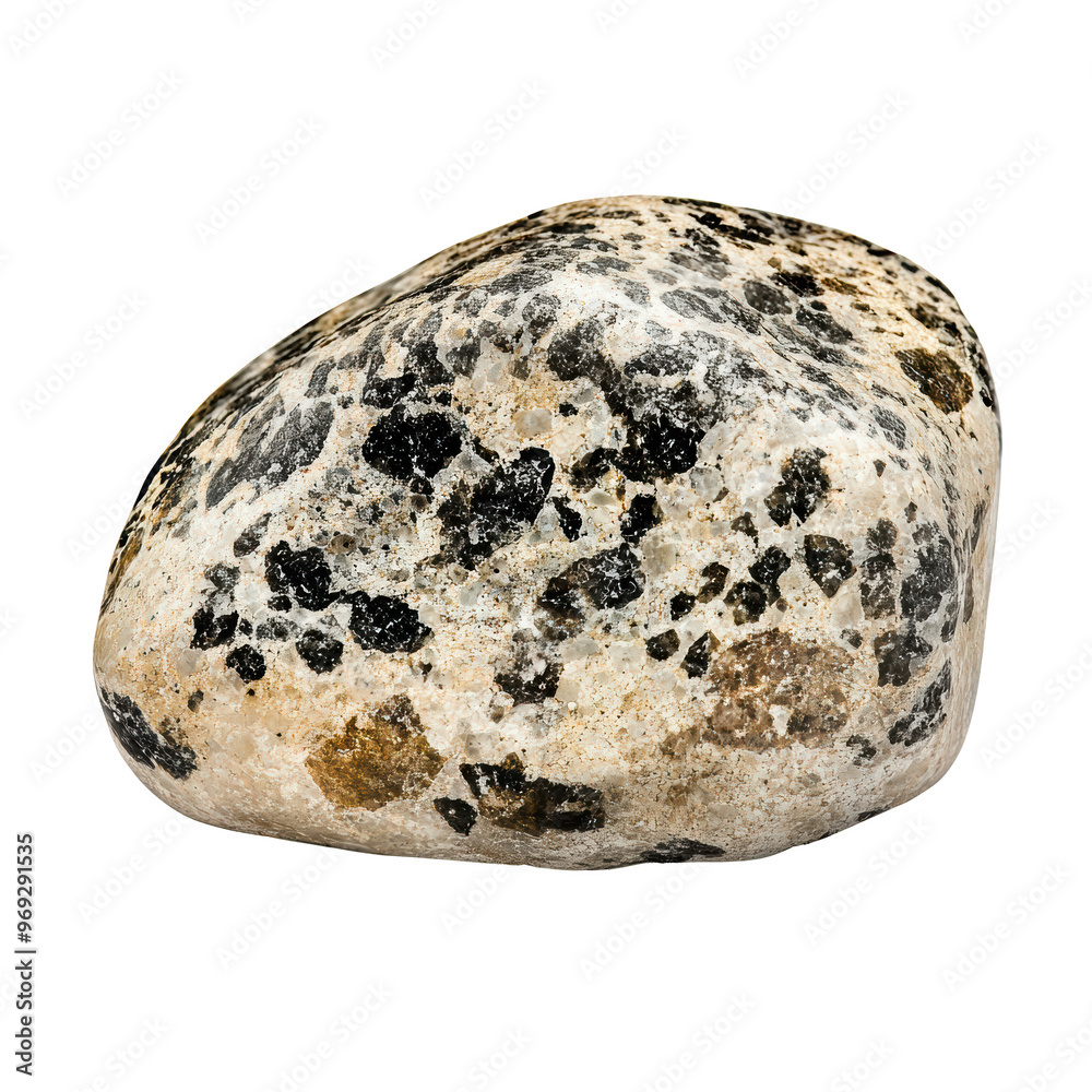 Close-up image of a polished granite stone with a mix of black, white, and brown mineral patterns against a white background. Close-up image of a polished granite stone with a mix of black, white, and brown mineral patterns against a white background.