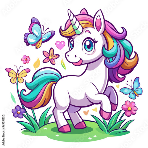  a colorful, cartoon-style illustration of a cute unicorn. The unicorn is white with a rainbow-colored mane and tail, featuring shades of pink, purple, blue, and yellow