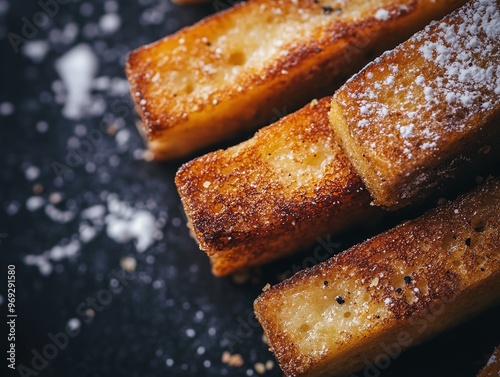 Delectable French Toast Sticks Presented on a Fine Porcelain Plate, Exuding Elegance and Temptation. High-end Food Photography with Dramatic Lighting and a Luxurious Aesthetic. photo