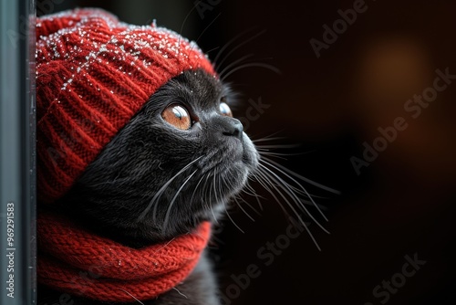 A black cat with bright eyes gazes thoughtfully out a window, donned in a cozy red hat and scarf speckled with snow, embodying winter charm. photo