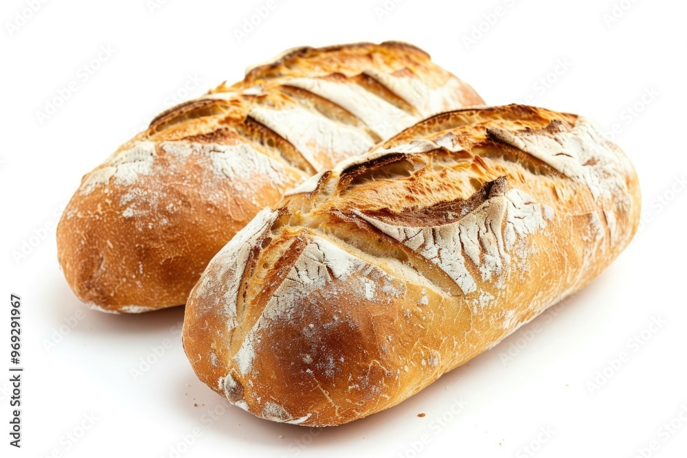 Two fresh loaves of bread placed on a clean white surface Two fresh loaves of bread placed on a clean white surface
