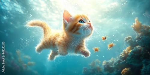 An adorable underwater fantasy animal that combines elements of a kitten and a fish, with soft fur, fins, and a mermaidlike tail It swims among coral reefs, playing with small, glowing sea creatures,