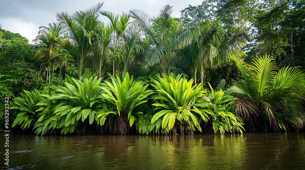 A wide shot of various Amazonian ferns and palms growing along a riverbank, showcasing the rich biodiversity A wide shot of various Amazonian ferns and palms growing along a riverbank, showcasing the rich biodiversity