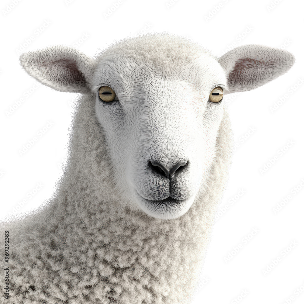 Close-up of a serene white sheep with fluffy wool against plain background. Perfect for topics related to agriculture, livestock, and rural life. Close-up of a serene white sheep with fluffy wool against plain background. Perfect for topics related to agriculture, livestock, and rural life.