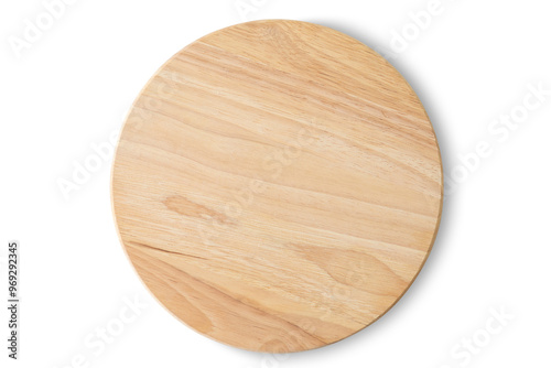 Top view of round wooden cutting board isolated on a white background with clipping path.