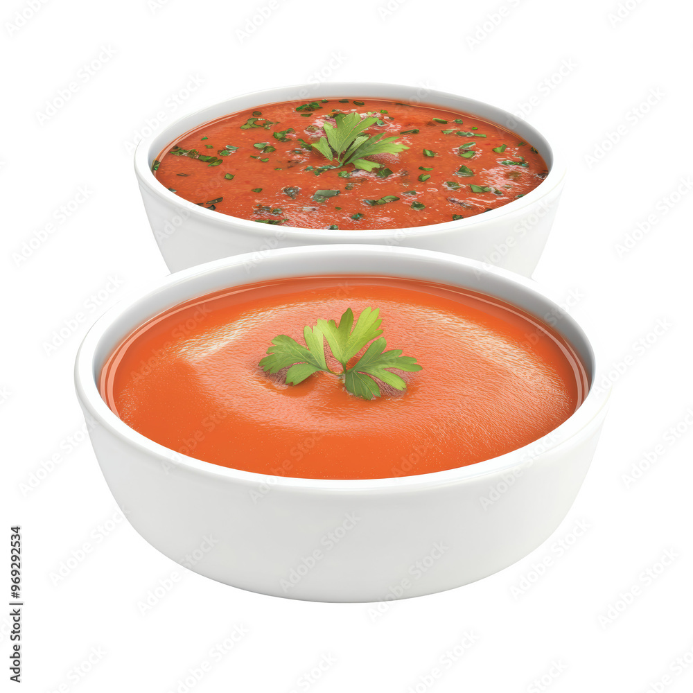 Two white bowls of tomato soup garnished with fresh parsley, one smooth and the other with herbs, isolated on white background. Two white bowls of tomato soup garnished with fresh parsley, one smooth and the other with herbs, isolated on white background.