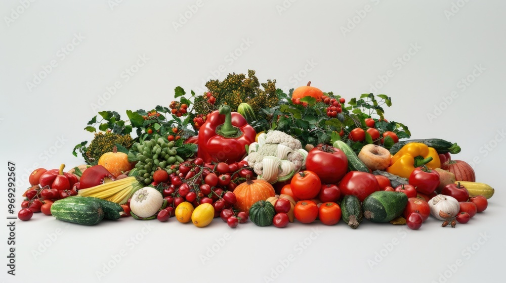 A colorful arrangement of various fruits and vegetables on a surface