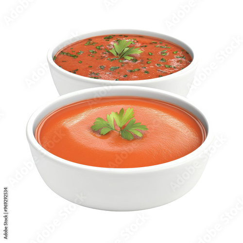 Two white bowls of tomato soup garnished with fresh parsley, one smooth and the other with herbs, isolated on white background.