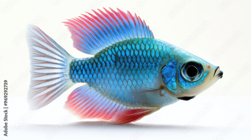 Fototapeta premium Blue and Red Small Fish with Fin Isolated on White