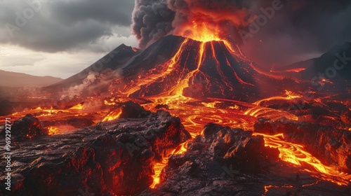 A powerful volcano erupts with hot lava flowing into the air