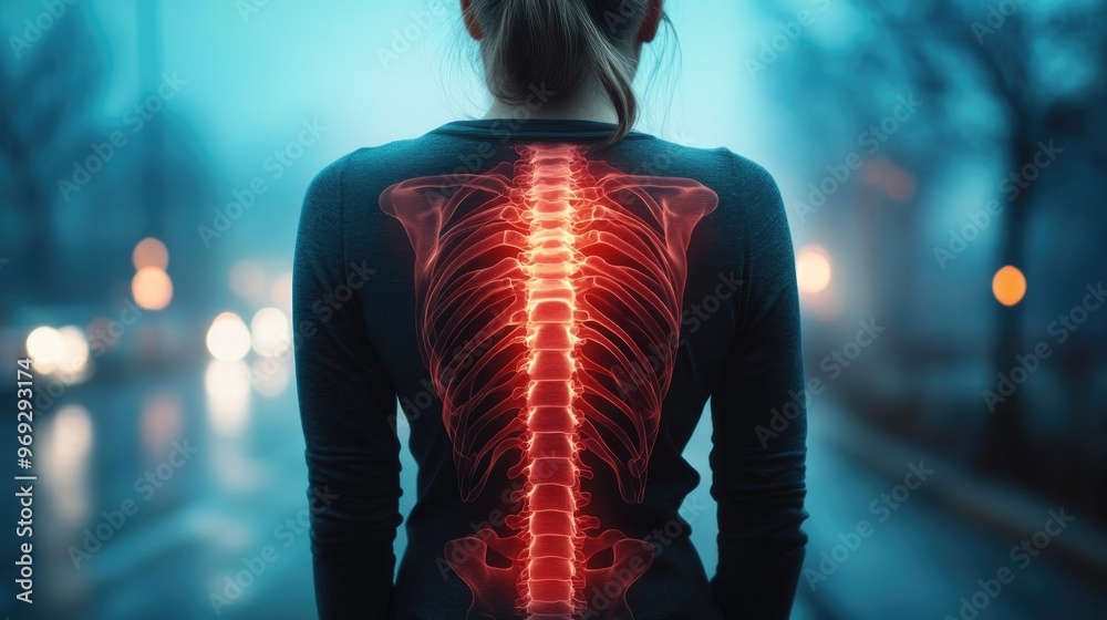 An artistic representation of a spine illuminated on a person's back in a moody setting. An artistic representation of a spine illuminated on a person's back in a moody setting.