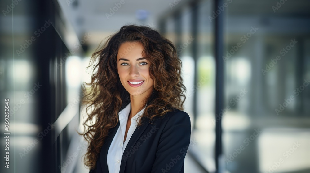 A confident woman with curly hair in professional attire smiles warmly in a modern office with glass walls. A confident woman with curly hair in professional attire smiles warmly in a modern office with glass walls.