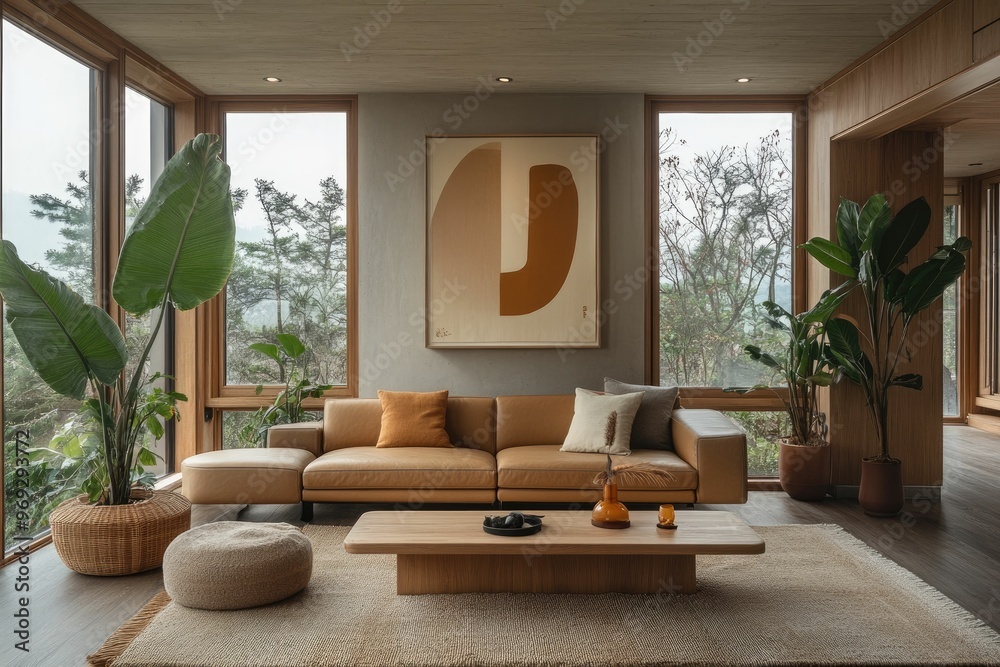 Fototapeta premium Modern living room with natural light, plants, and minimalist decor.
