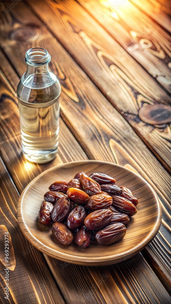 Plate of dates next to a bottle of water on a wooden table Plate of dates next to a bottle of water on a wooden table