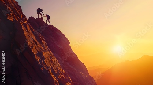 Silhouette of people hiking up on the top of the mountain, sun set sky, endurance, persistence, resilience, motivation banner, wallpaper HD