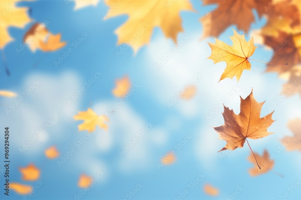 Autumn leaves falling blue sky