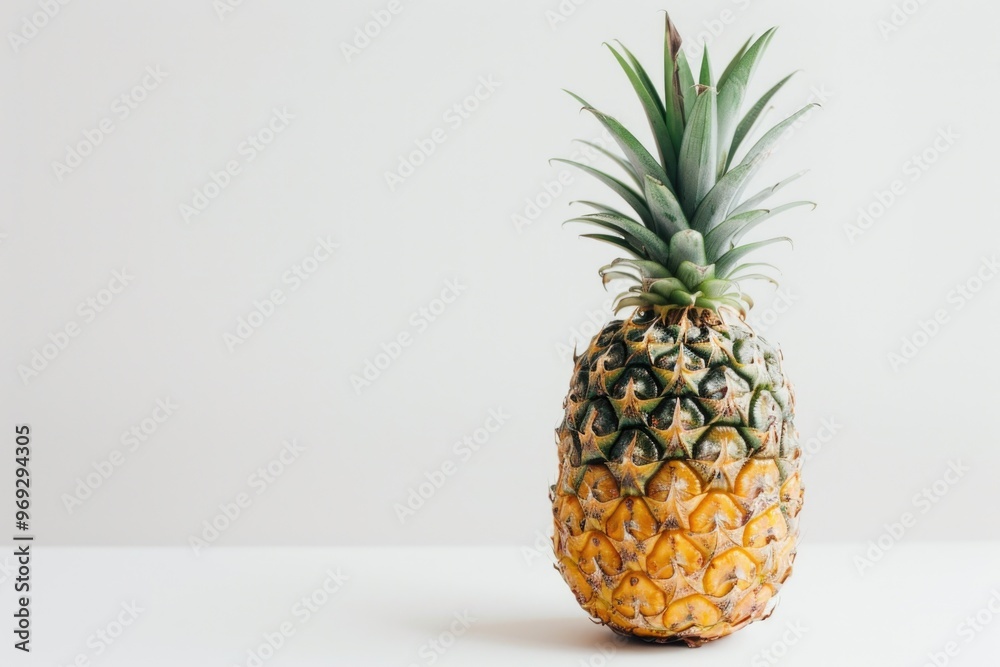A fresh pineapple sitting on a clean white table, perfect for displaying or serving A fresh pineapple sitting on a clean white table, perfect for displaying or serving