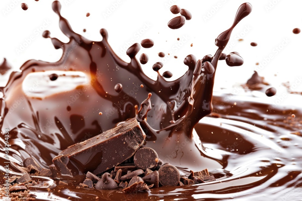 A delicious-looking pile of chocolate with a splash on top, great for food and drink related images