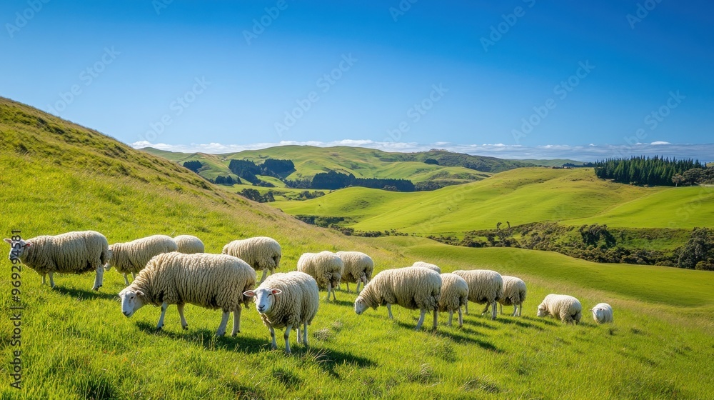 Sheep Grazing in Rolling Green Hills Sheep Grazing in Rolling Green Hills