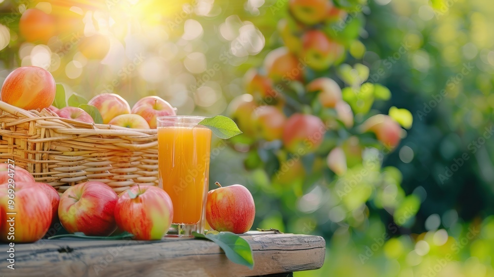 Fresh apple juice cider in glass with apple fruit on wooden table in orchard Fresh apple juice cider in glass with apple fruit on wooden table in orchard