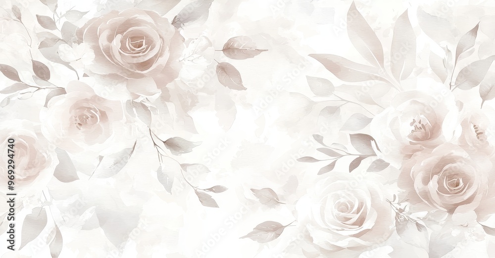 Flower arrangement with roses, leaves. Wallpaper design with floral brush pattern. 3D artwork of leaves and flowers.