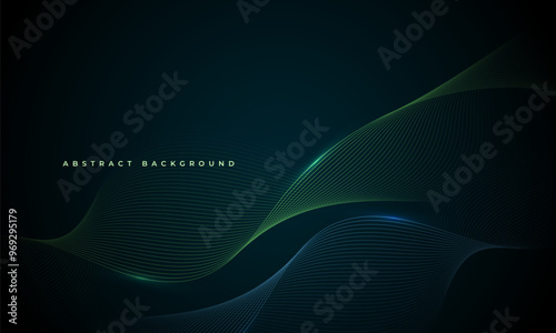 Dark abstract vector background with glowing green and blue wavy lines. Vector illustration