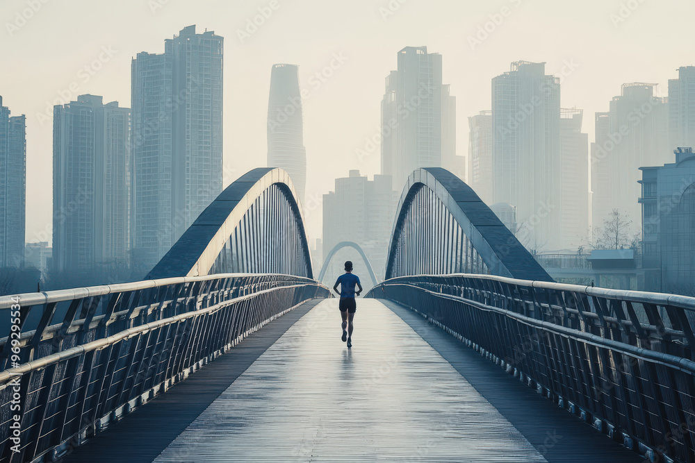 Obraz premium Runner on Bridge in Urban Skyline