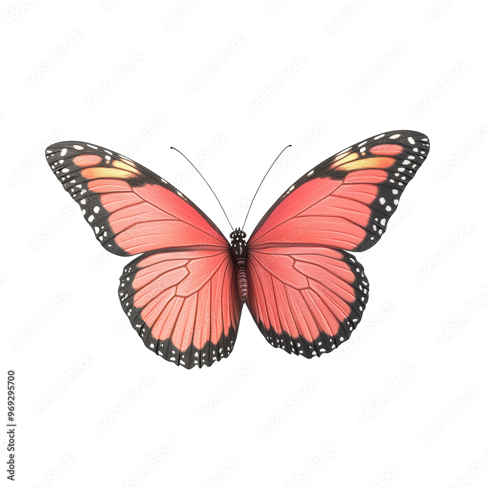 Obraz premium Close-up of a vibrant orange butterfly with detailed wings and black accents, isolated on a white background.