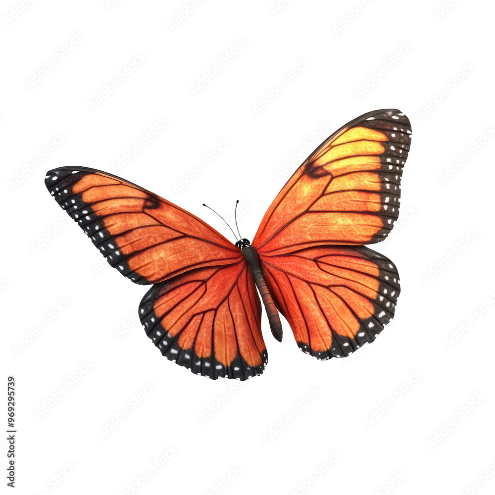 Fototapeta premium Vibrant orange butterfly with detailed wings isolated on a white background, showcasing the beauty of nature.
