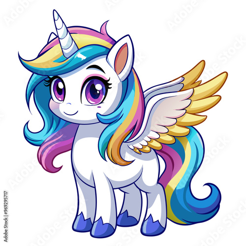 a cute, cartoon-style illustration of a unicorn with wings, often referred to as a "pegacorn" or "alicorn." The unicorn has a white body with blue hooves and a single spiraled horn on its forehead