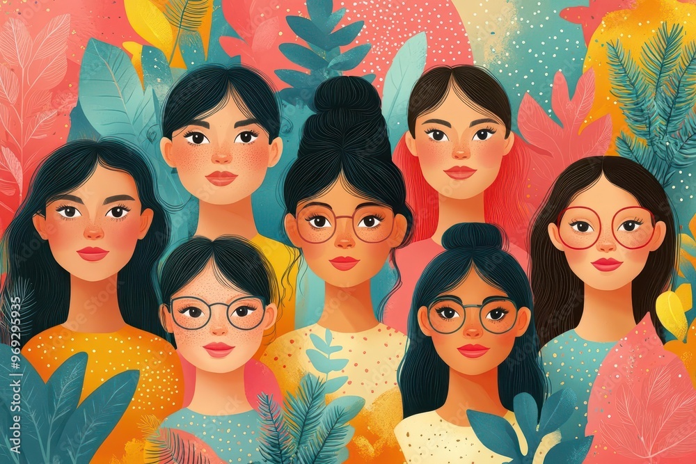 whimsical celebration banner multiple cartoon women faces pastel pink background graphic illustration style 8 march text playful composition feminine color palette whimsical celebration banner multiple cartoon women faces pastel pink background graphic illustration style 8 march text playful composition feminine color palette