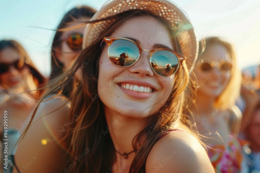 A smiling woman wears sunglasses and a hat, suitable for use in fashion or lifestyle photography A smiling woman wears sunglasses and a hat, suitable for use in fashion or lifestyle photography