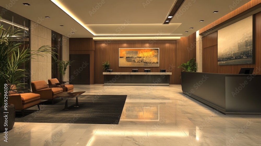 Fototapeta premium A high-resolution image of a modern office lobby with sleek furniture, contemporary artwork, and a reception desk.