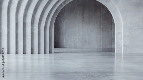 A close-up shot of an arched entryway in a modern minimalist hallway with smooth concrete walls, highlighting symmetry, clean lines, and an uncluttered aesthetic.