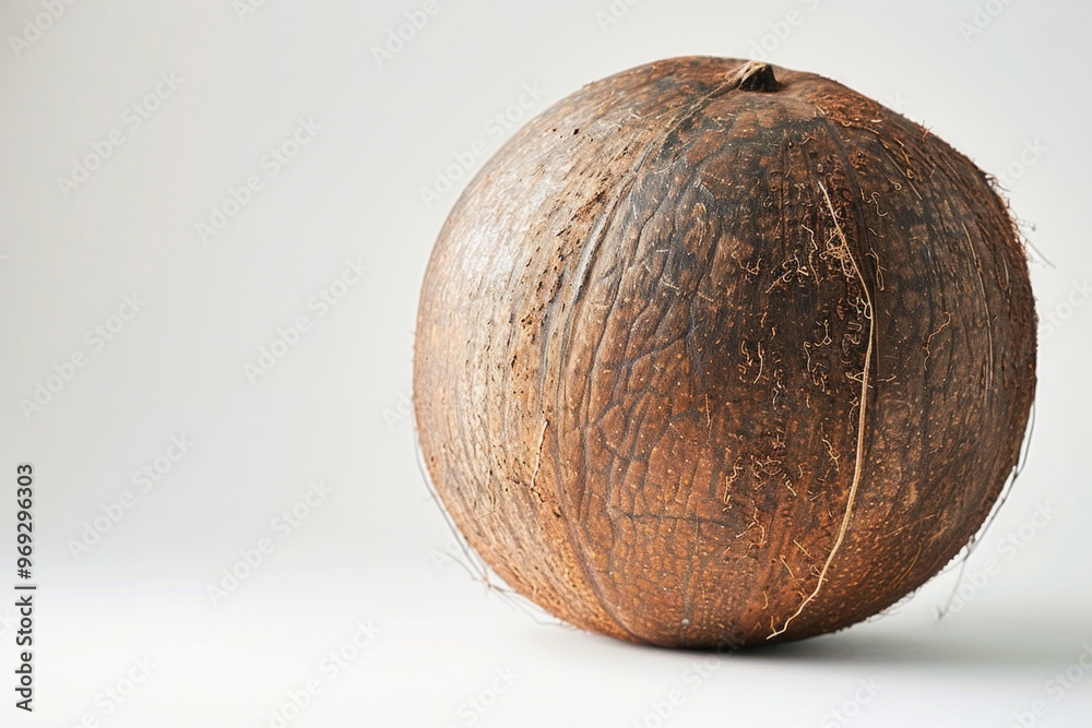 A close-up shot of a coconut on a white background A close-up shot of a coconut on a white background