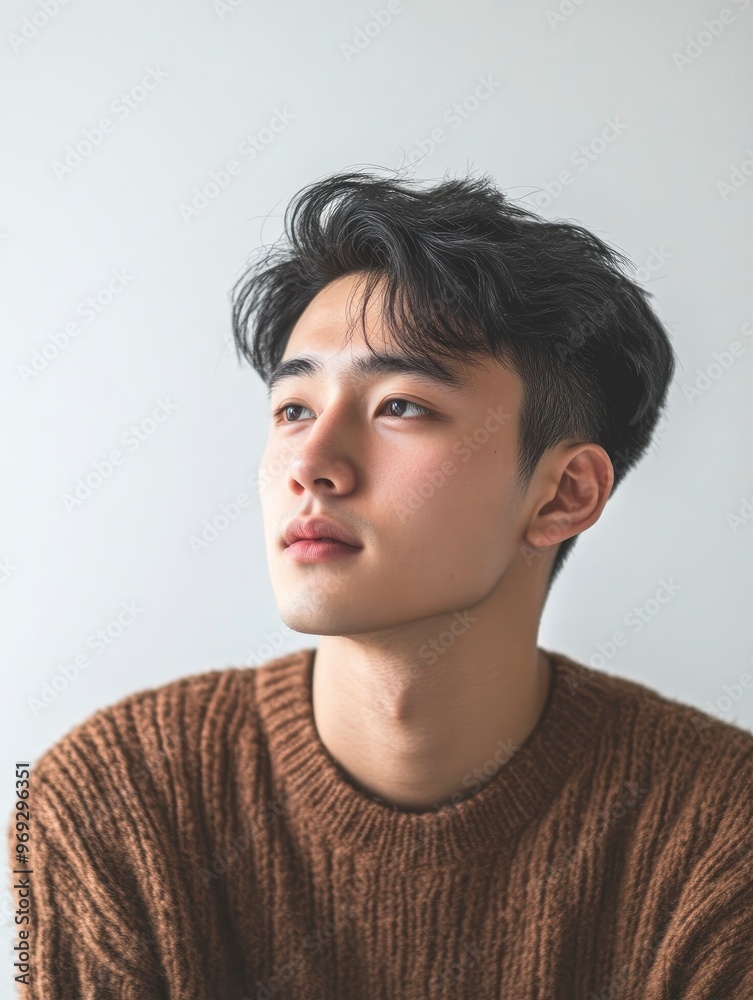 Image of young Asian man on white background with generative ai Image of young Asian man on white background with generative ai