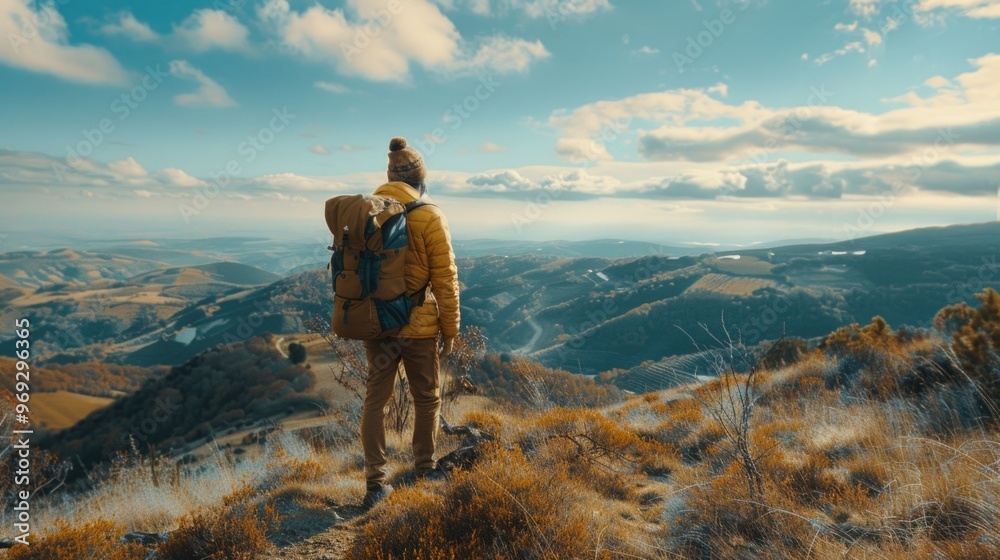 A person stands on a hill with a backpack, perfect for outdoor adventure or travel scenes A person stands on a hill with a backpack, perfect for outdoor adventure or travel scenes