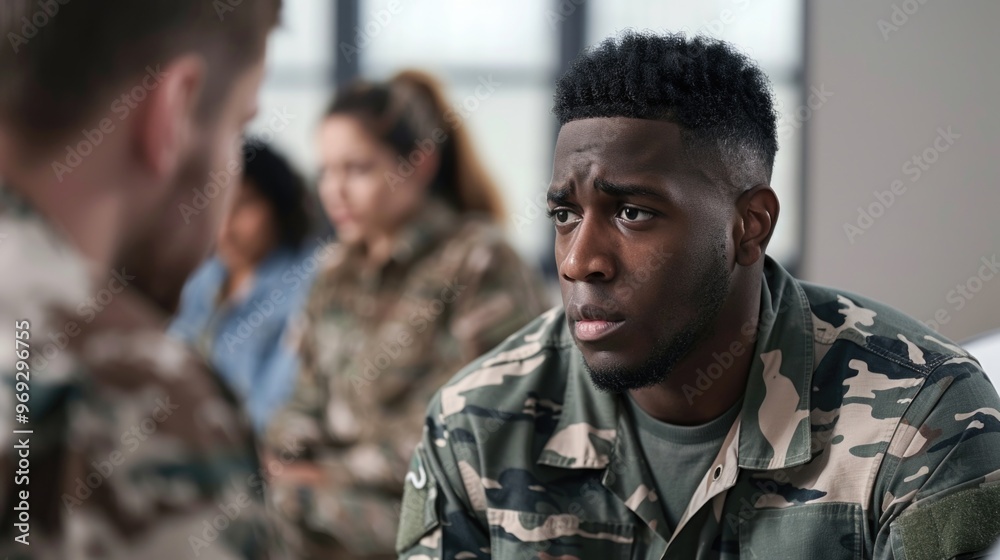 Fototapeta premium A military officer sits in a room with a serious expression, possibly waiting for instructions or reviewing documents