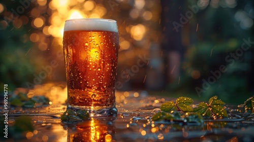 Refreshing Glass of Cold Beer with Condensation on a Rainy Sunny Evening, Backlit by Warm Sunset, with copy space