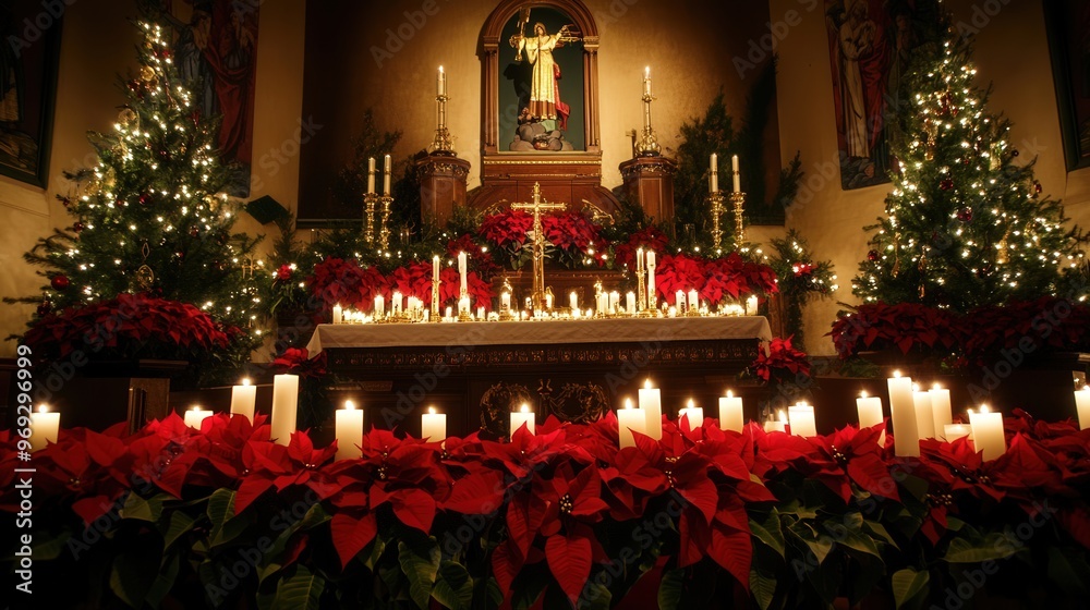 Altar decorated with poinsettias and lit candles, beautifully decorated for Midnight Mass, copy space for stock photo with minimal concept, No logo, No Trademark, No text Altar decorated with poinsettias and lit candles, beautifully decorated for Midnight Mass, copy space for stock photo with minimal concept, No logo, No Trademark, No text