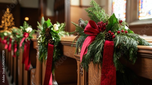 Church pew ribbons decorated for Christmas, festive ribbons and greenery on the church pews, copy space for stock photo with minimal concept, No logo, No Trademark, No text