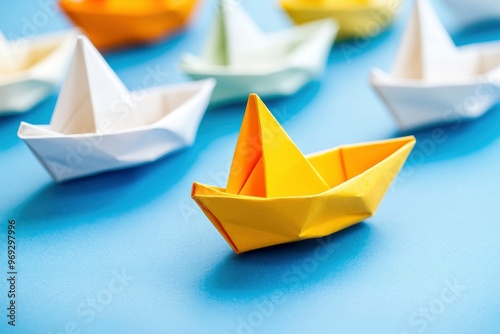 Leadership Concept with Paper Boats. Set of colorful origami ships on blue background. Business competition, Leadership concept with yellow paper ship leading among white with generative ai