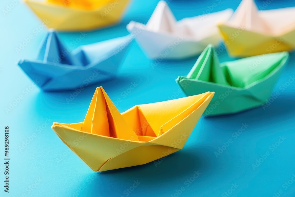 Leadership Concept with Paper Boats. Set of colorful origami ships on blue background. Business competition, Leadership concept with yellow paper ship leading among white with generative ai