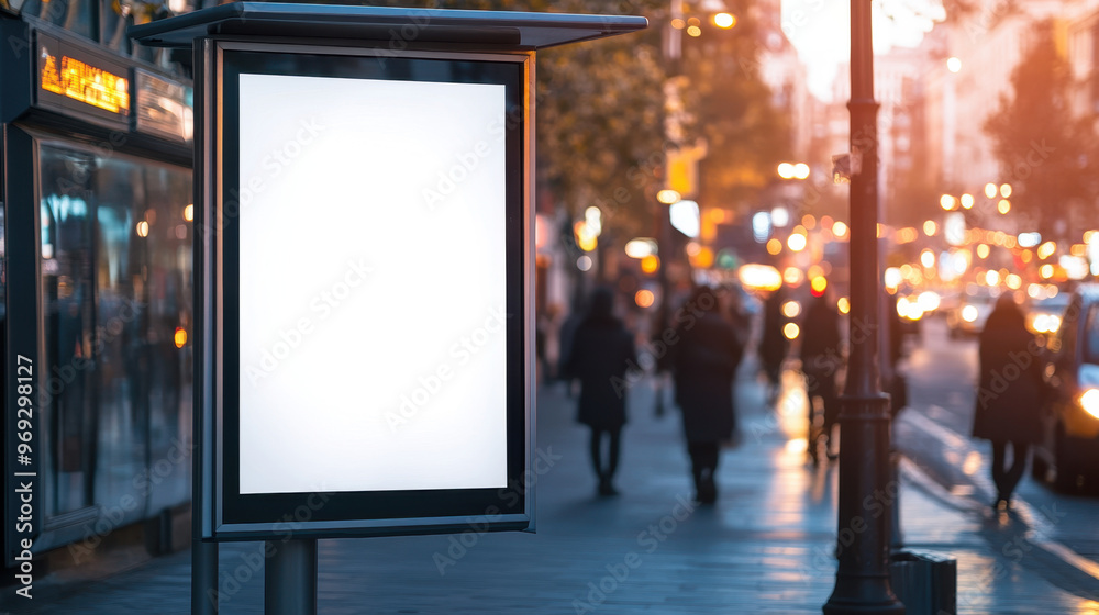 Blank urban billboard on bustling city street during evening rush hour, perfect for advertising, with a soft, blurred background. Blank urban billboard on bustling city street during evening rush hour, perfect for advertising, with a soft, blurred background.