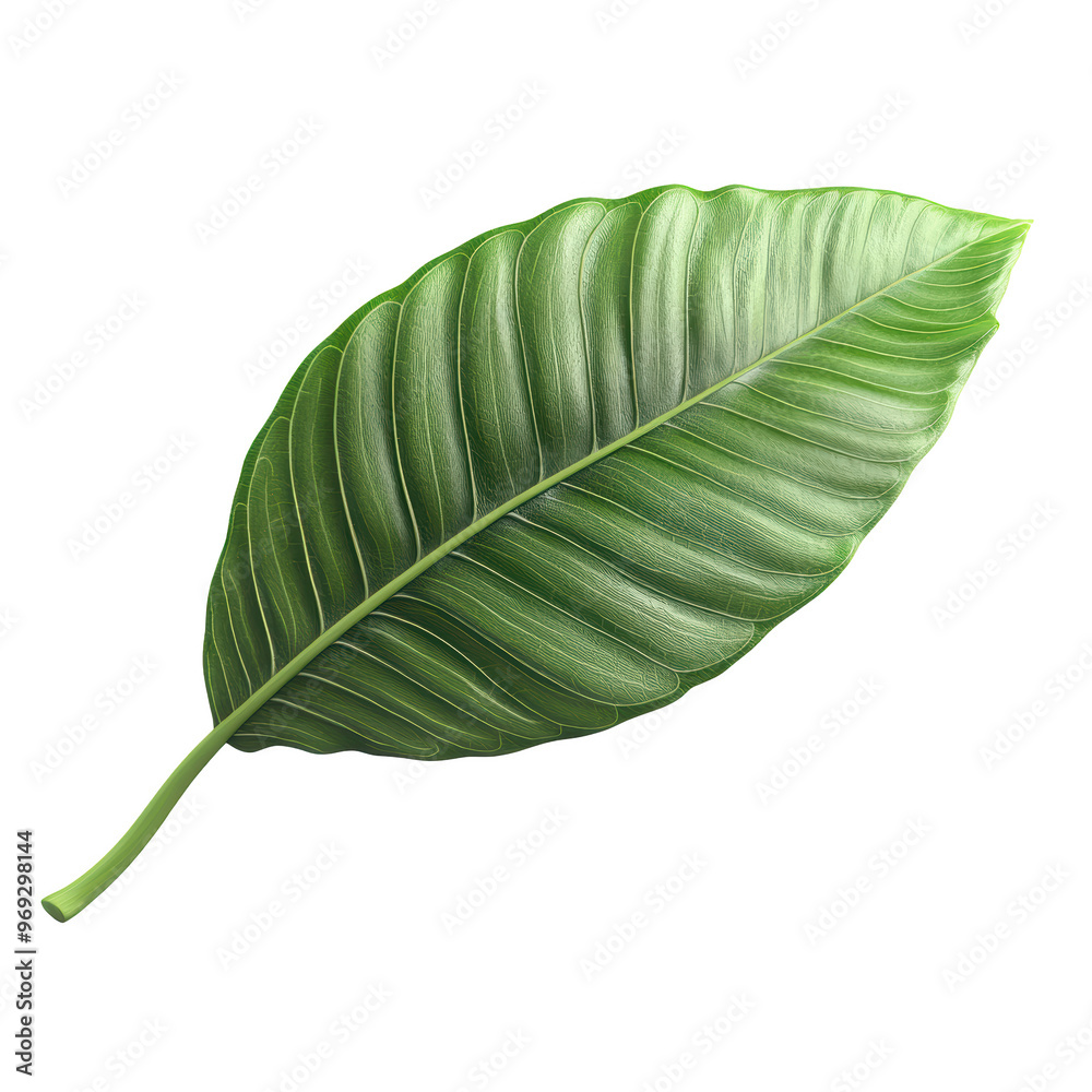 Obraz premium Single green tropical leaf with vibrant, textured surface and a natural, fresh appearance, isolated on a white background.