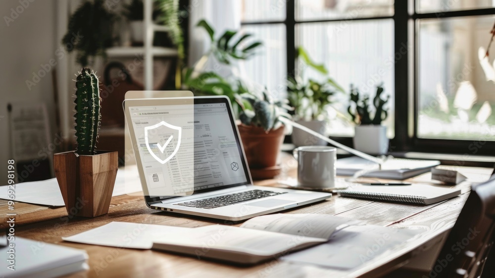 Workspace with Laptop and Shield Icon for Data Security Workspace with Laptop and Shield Icon for Data Security