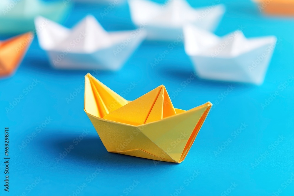 Leadership Concept with Paper Boats. Set of colorful origami ships on blue background. Business competition, Leadership concept with yellow paper ship leading among white with generative ai Leadership Concept with Paper Boats. Set of colorful origami ships on blue background. Business competition, Leadership concept with yellow paper ship leading among white with generative ai